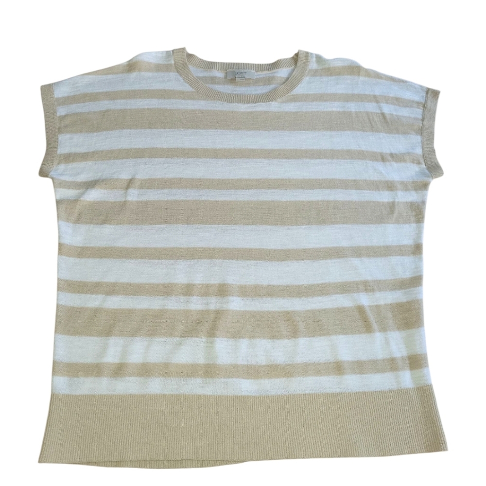 LOFT Cap Sleeve Cotton Knit Top, Sweater Top, L, White,Beige, EUC
